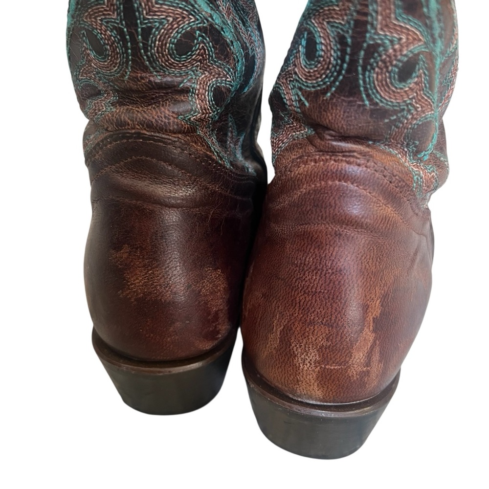 J.B. Dillon Goat Leather Brown & Turquoise Blue Cowboy/Cowgirl Boots Size 7.5 - Picture 3 of 13